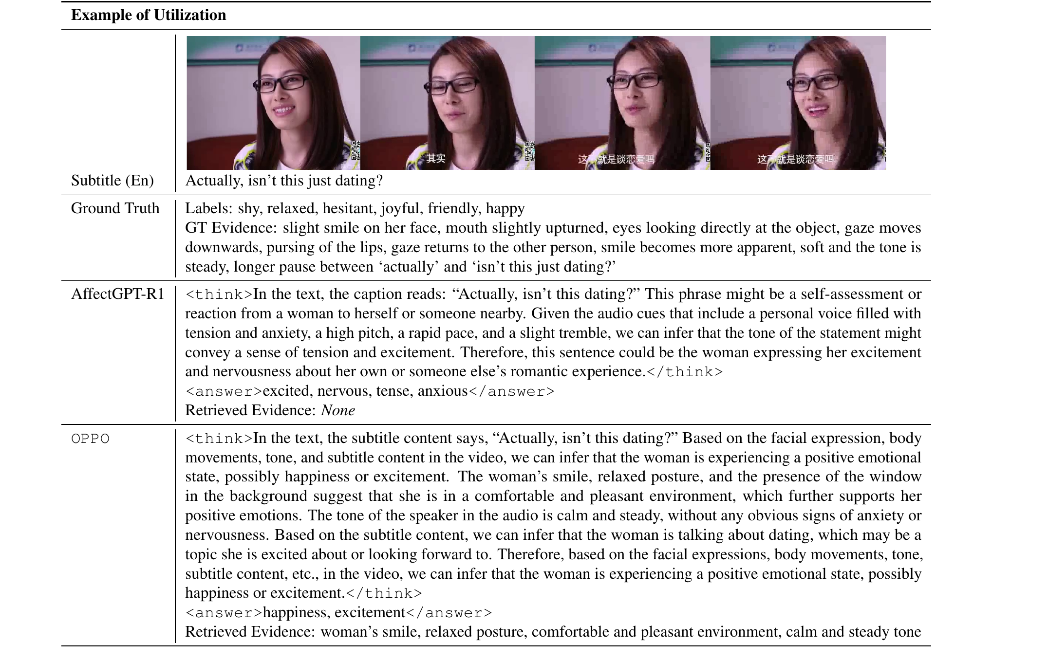 Qualitative utilization comparison between AffectGPT-R1 and OPPO